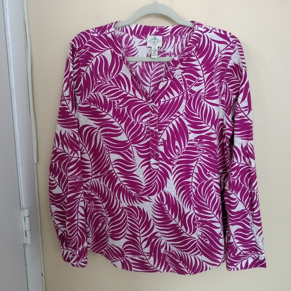 St. Johns Bay Magenta White Palm Floral Linen Blend Popover Blouse M Vacation
